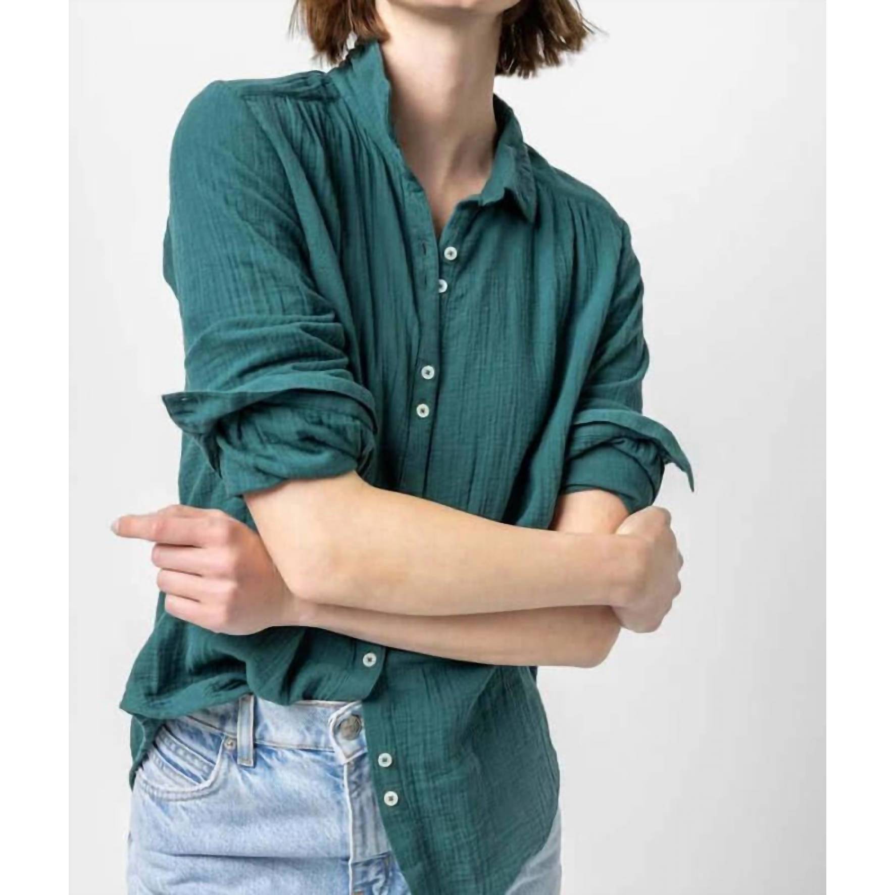 New Lilla P Long Sleeve Button Down Shirt In Sea Moss